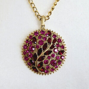 Vintage Statement Necklace Pink Rhinestone Chunky Pendant Cocktail Maximalist